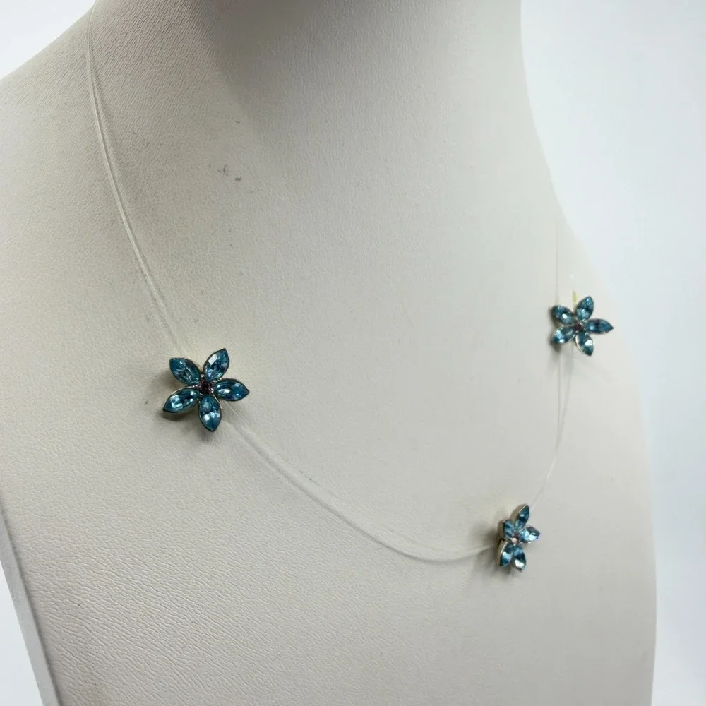 Blue Crystal Flower Illusion Necklace Floating Gem Dainty Boho Wedding Jewelry